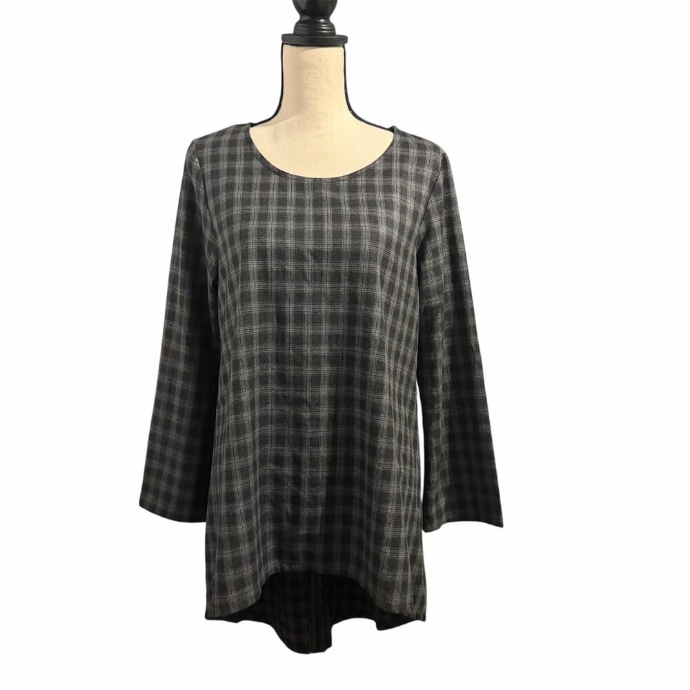 Bryn Walker Wmns Gray Black Plaid High Low Tunic Top Sz S Lagenlook Asymmetrical